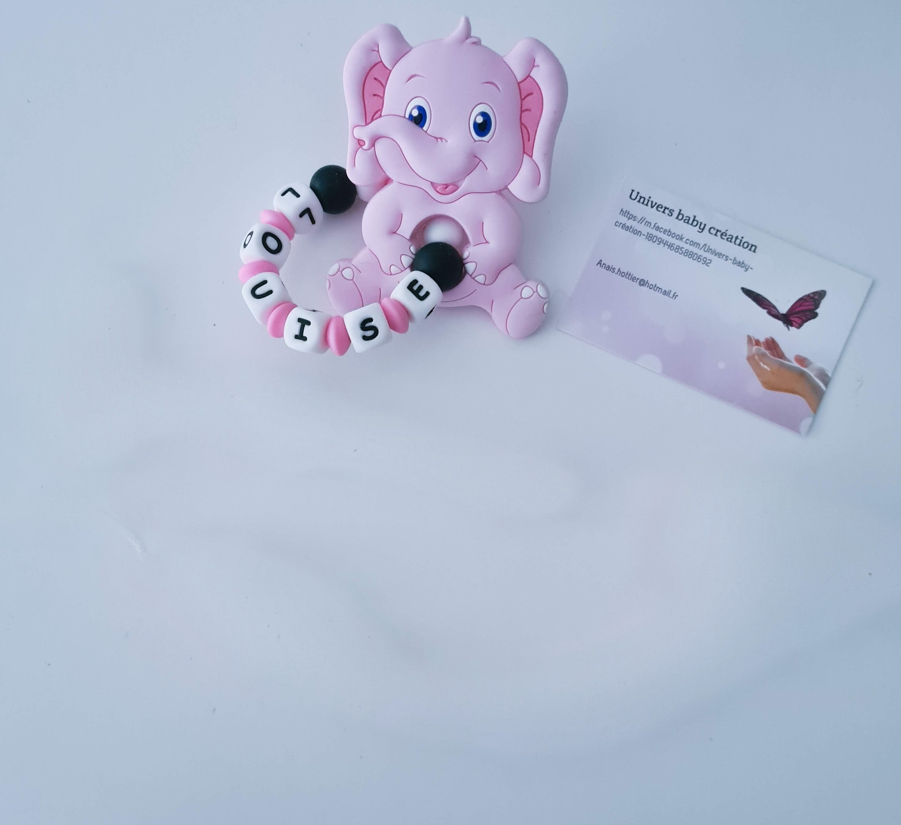 Anneau de dentition personnalisé Éléphant rose – Silicone avec prénom
