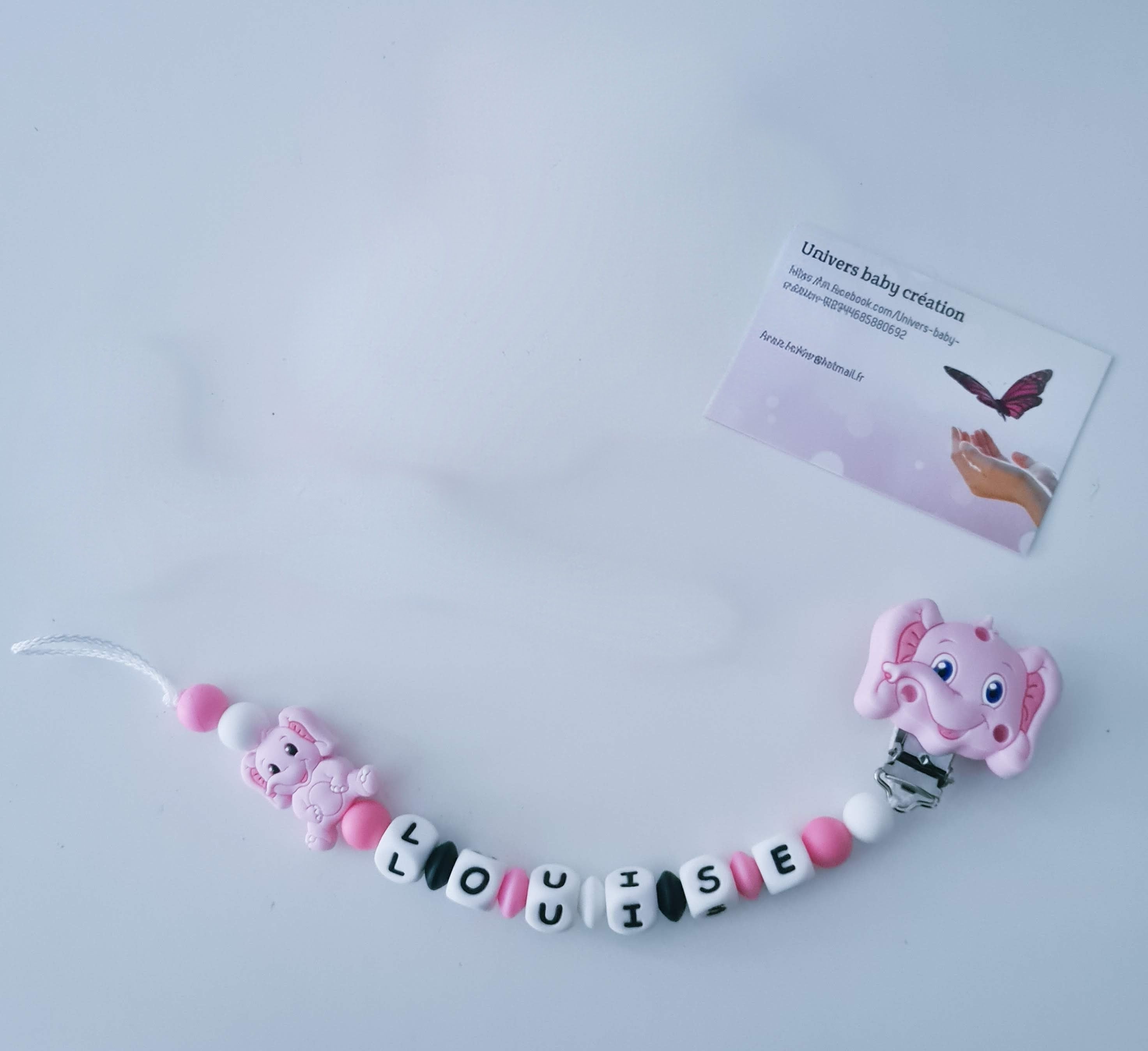 Attache tétine personnalisée Éléphant rose – Silicone avec prénom