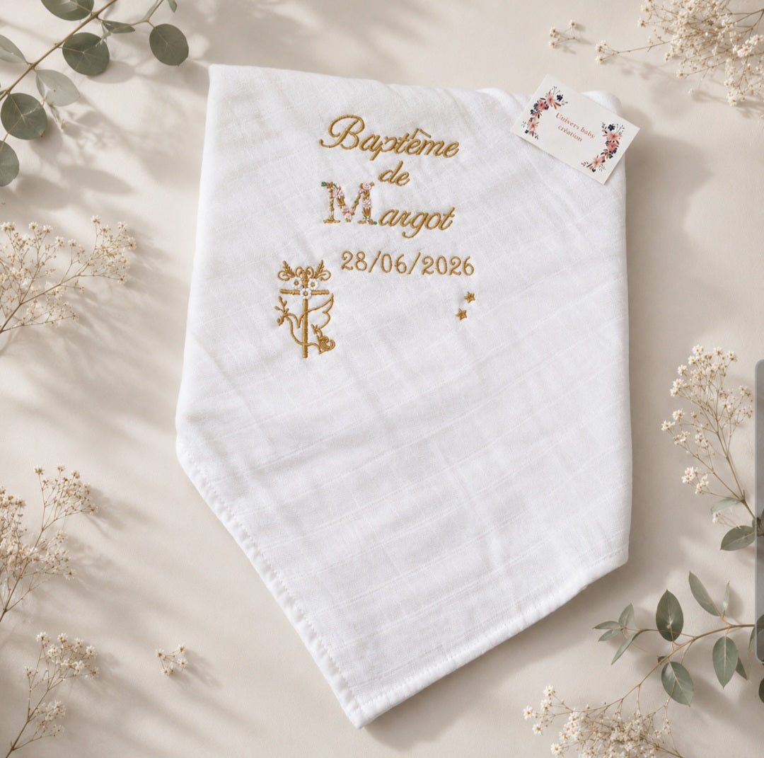 Lange de baptême personnalisé brodé – Prénom, date & symbole religieux – Cadeau de baptême artisanal